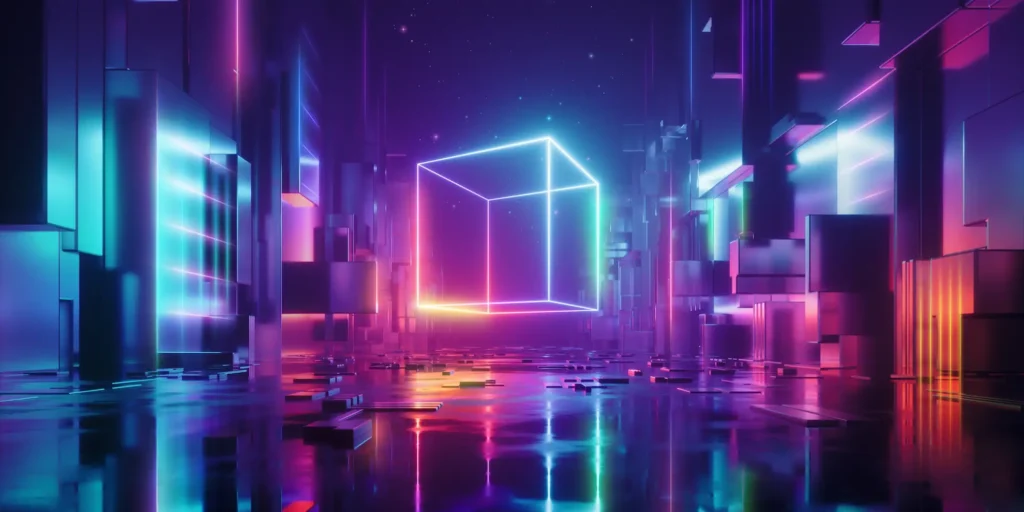 Floating three-dimensional block frame in glimmering neon colors, reflected below in liquid on the surface